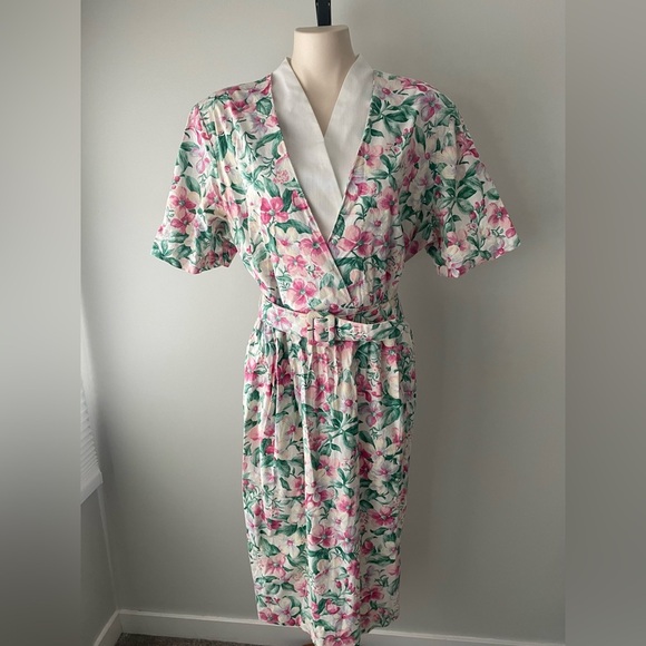 Vintage Dresses & Skirts - 80s Vintage Enge Collection Foral Secretary Wrap Dress Modi Belted Grandma